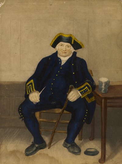 Porträt eines Greenwich-Pensionärs, sitzend mit Tonpfeife und Krug von Henry (after) Dawe