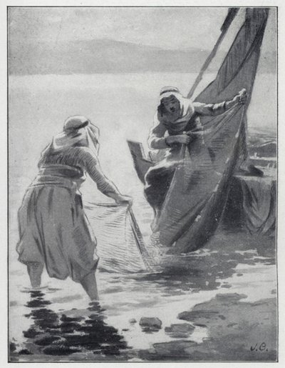 Netze waschen am See Genezareth (Lithografie) von Henry Andrew Harper