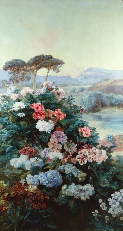 Kamelien und andere Blumen in einer Landschaft von Henry Arthur Bonnefoy