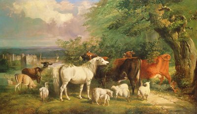 Haddon Hall mit Schafen, Rindern, einem Hirsch und einem Pony von Henry Barraud
