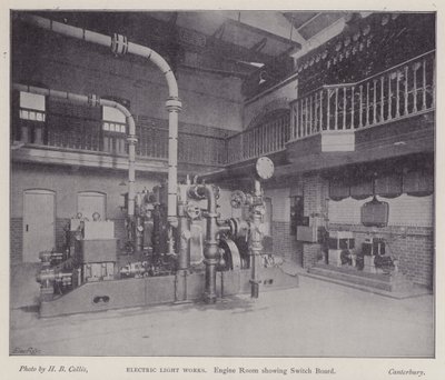 Maschinenraum mit Schalttafel, Elektrizitätswerk, Canterbury, Kent (s/w Foto) von Henry Beauchamp Collis