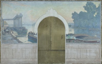 Skizze für den Trausaal des Rathauses von Asnières: Landschaft. Lastkähne auf der Seine, mit der Brücke von Asnières, um 1900 von Henry Bouvet