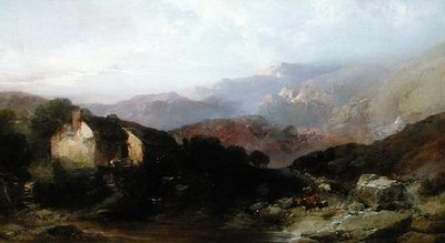 Ansicht in Nordwales mit Wassermühle, Rindern und Schafen von Henry Bright