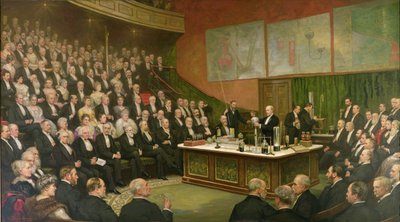 Ein Freitagabendvortrag an der Royal Institution; Sir James Dewar über flüssigen Wasserstoff, 1904 von Henry Brooks