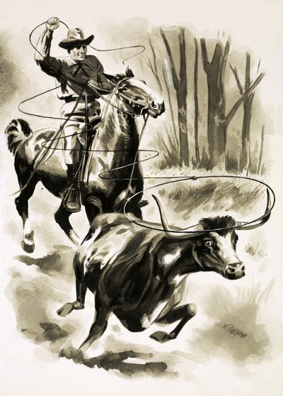 Ein Cowboy fängt ein Rind vom Pferd aus mit einem Lasso von Henry Charles Fox