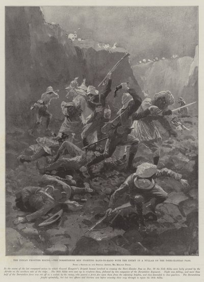Der Aufstand an der indischen Grenze, die Männer aus Dorset kämpfen Hand in Hand mit dem Feind in einer Schlucht am Tseri-Kandao-Pass von Henry Charles Seppings Wright
