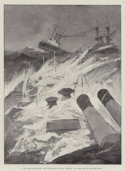 Die Marine-Manöver, Ansicht des Bugs der HMS Repulse in schwerer See vor der irischen Küste von Henry Charles Seppings Wright