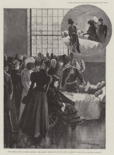 Der Besuch der Königin im Netley Hospital, Ihre Majestät spricht mit Private Lever, verwundet in der indischen Grenzkampagne von Henry Charles Seppings Wright