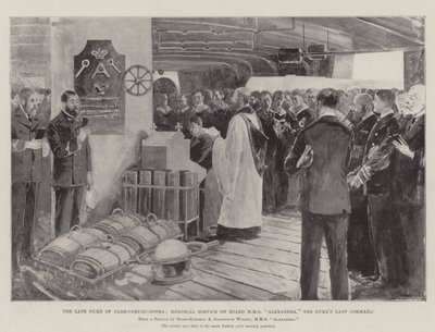 Der verstorbene Herzog von Sachsen-Coburg-Gotha, Gedenkgottesdienst an Bord der HMS Alexandra, das letzte Kommando des Herzogs von Henry Charles Seppings Wright