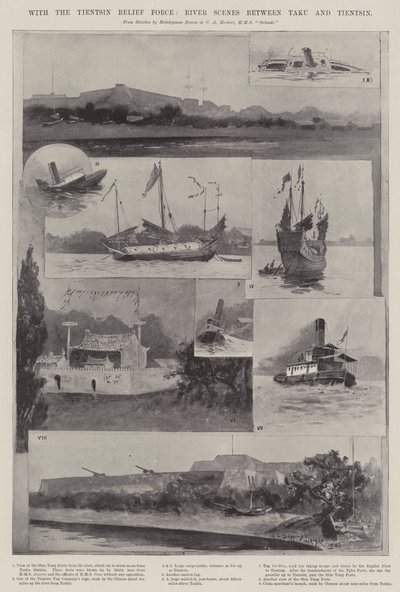 Mit der Tientsin-Entsatztruppe, Flussszenen zwischen Taku und Tientsin von Henry Charles Seppings Wright