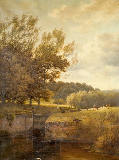 Waldlandschaft mit Junge, der in einer Schleuse fischt von Henry Cheadle