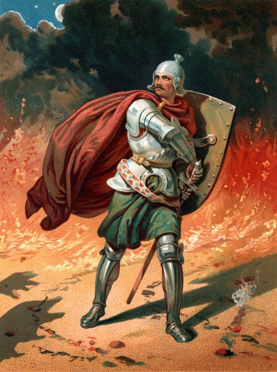 Christian, der Pilger des Titels, im Kampf mit Apollyon, dem Zerstörer, dem Engel des Abgrunds von Henry Courtney Selous