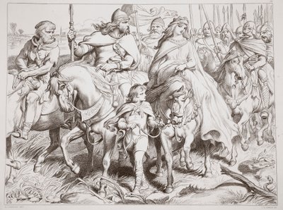 Hereward bewacht Alftruda an einen sicheren Ort, Illustration aus Hereward the Great von Charles Kingsley, veröffentlicht 1870, graviert von C.G. Lewis von Henry Courtney Selous