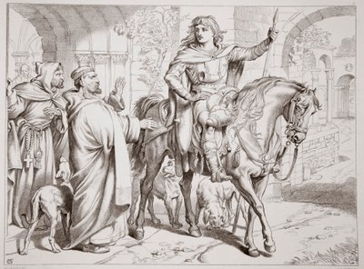 Hereward informiert seinen Onkel, den Prior, dass er geächtet wird, Illustration aus Hereward the Great von Charles Kingsley, veröffentlicht 1870, graviert von C.G. Lewis von Henry Courtney Selous