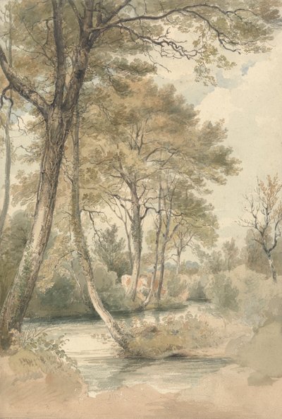 Bach mit Bäumen und Vieh in der Nähe von Bromley Hill, Kent von Henry Edridge