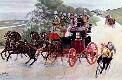Eine Kutsche mit Passagieren und Radfahrern von Henry Finney