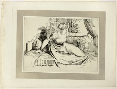 Eine Frau, die am Fenster sitzt („Abend, du bringst alles“), aus der ersten Ausgabe von Specimens of Polyautography von Johann Heinrich Füssli