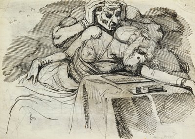 Eine Frau, die an einem Schreibtisch ohnmächtig wird, mit einer drohenden Gestalt dahinter von Johann Heinrich Füssli