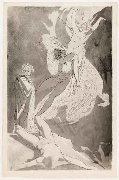 Dante fällt in Ohnmacht vor den schwebenden Seelen von Paolo und Francesca, Virgil an seiner Seite von Johann Heinrich Füssli