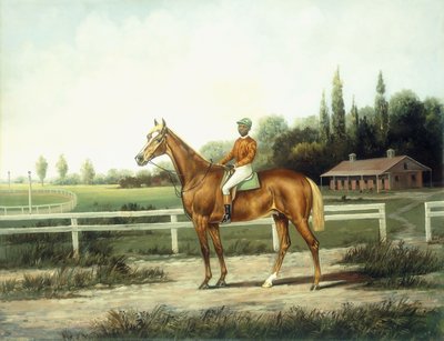 Ein kastanienbraunes Rennpferd mit Jockey auf einer Trainingsbahn mit Ställen im Hintergrund von Henry H. Cross