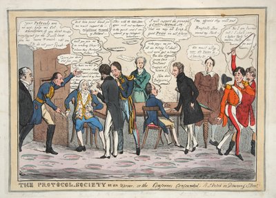 Die Protokoll-Gesellschaft in Aufruhr oder die Konferenzteilnehmer verwirrt. Eine Skizze in der Downing Street, veröffentlicht 1831 (handkolorierte Gravur) von Henry Heath