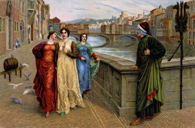 Dante Alighieri trifft seine Muse Beatrice Portinari in Florenz, um 1890 (Druck) von Henry Holiday