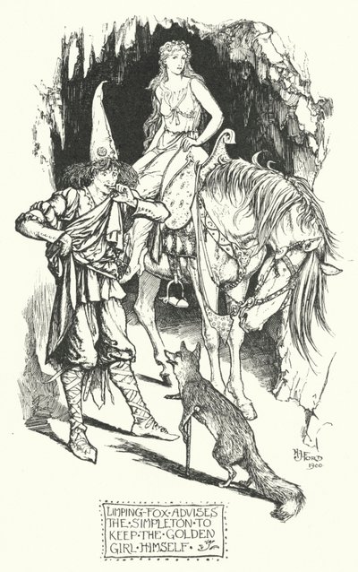 Hinkefuchs rät dem Einfaltspinsel, das goldene Mädchen selbst zu behalten (Gravur) von Henry Justice Ford