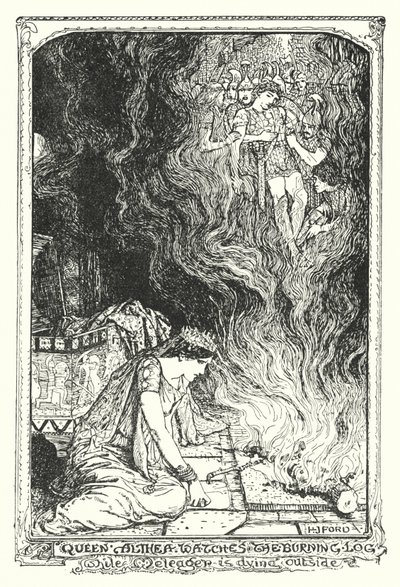 Königin Althea beobachtet den brennenden Scheit, während Meleager draußen stirbt (Lithografie) von Henry Justice Ford