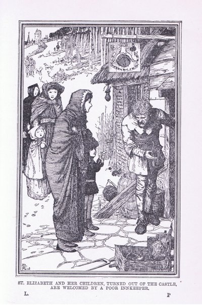 St. Elisabeth und ihre Kinder, aus der Burg vertrieben und vom armen Gastwirt willkommen geheißen, 1912 von Henry Justice Ford