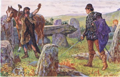 Tresilian konfrontiert den mysteriösen Hufschmied, Illustration aus Kenilworth, ca. 1910 von Henry Justice Ford