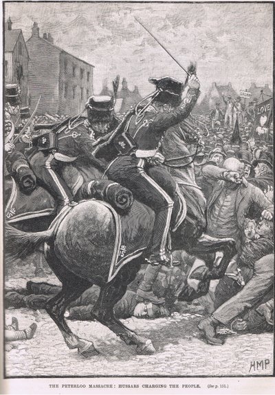 Das Peterloo-Massaker mit den Husaren, die das Volk angreifen, Illustration aus Cassell