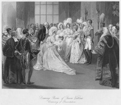 Salon von Königin Victoria. Zeremonie der Präsentation, um 1841 von Henry Melville