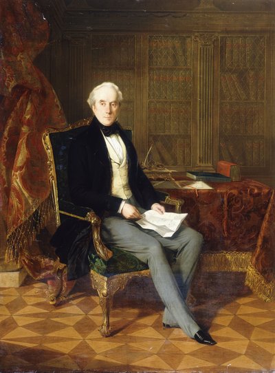 Porträt von Henry Pelham-Clinton, K.G., 4. Herzog von Newcastle, ein Dokument haltend, in seinem Arbeitszimmer, 1850 von Henry Nelson ONeil