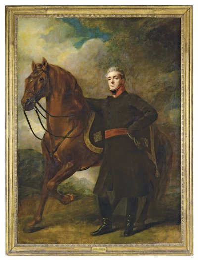 Porträt von Alexander Douglas-Hamilton, 10. Herzog von Hamilton und 7. Herzog von Brandon, ganzfigurig, in Uniform, mit seinem arabischen Pferd, in einer Landschaft von Henry Raeburn