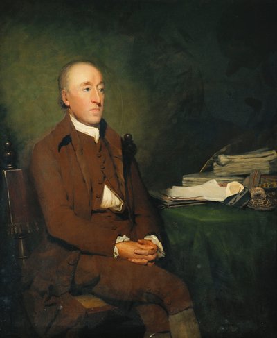 Porträt von Dr. James Hutton, sitzend, dreiviertel Länge in brauner Jacke und Kniebundhosen und weißem Halstuch, ein Stapel geologischer Proben auf dem Tisch neben ihm von Henry Raeburn