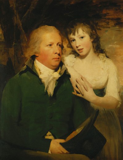 Porträt von Sir Alexander Don, in halber Länge sitzend, in grünem Mantel mit seiner Tochter Elizabeth, die sich auf seine Schulter lehnt von Henry Raeburn