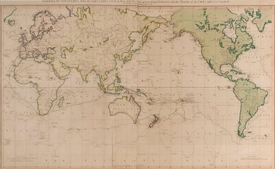 Allgemeine Karte, die die Entdeckungen von Kapitän James Cook in dieser und seinen beiden vorhergehenden Reisen mit den Routen der Schiffe unter seinem Kommando zeigt. Von Leutnant Roberts von seiner Majestät Marine von Henry Roberts