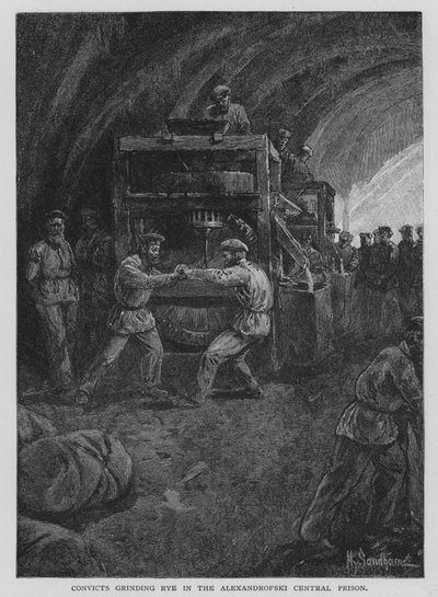 Sträflinge mahlen Roggen im Zentralgefängnis von Alexandrofski (Lithografie) von Henry Sandham