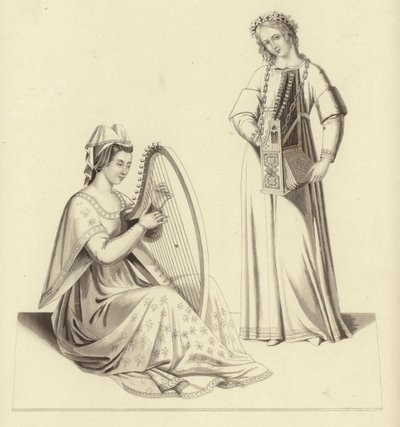 Damen spielen Harfe und Orgel, Anfang des 14. Jahrhunderts von Henry Shaw