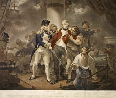 Kapitän Trollope in der Glatton mit 54 Carronaden im Gefecht mit einem französischen Geschwader von 8 Kriegsschiffen mit 230 Kanonen, graviert von James Daniell, 1797 von Henry Singleton