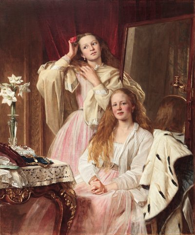 Porträt von Emma und Frederica Bankes von Soughton Hall an ihrem Schminktisch, 1869 von Henry Tanworth Wells