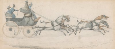 Ein Herr, der einen Vierspänner zu einem Mail-Phaeton fährt, begleitet von drei Stallburschen von Henry Thomas Alken