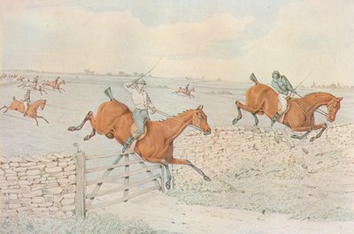 Ein Hindernisrennen: Ein Schlag gegen eine Steinmauer. 5 zu 4 auf Weiß, 1827 von Henry Thomas Alken