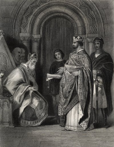 Heinrich II. überreicht die Bulle des Papstes dem Erzbischof von Cashel, graviert von G. Greatbach von Henry Warren