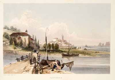 Fontarabia, mit dem Kloster und der Brücke von Capauchinos, aus Skizzen der Landschaft in den Baskischen Provinzen Spaniens, mit einer Auswahl nationaler Musik, veröffentlicht 1838 von Henry Wilkinson