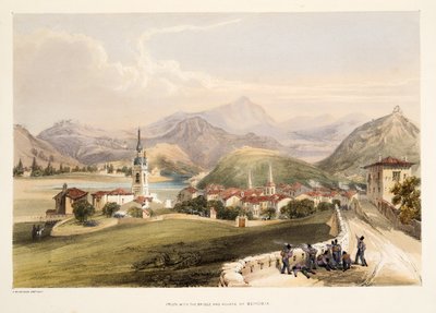 Irun, mit dem Berg San Martial und der Brücke von Capauchinos, aus Skizzen der Landschaft in den Baskischen Provinzen Spaniens, mit einer Auswahl nationaler Musik, veröffentlicht 1838 von Henry Wilkinson
