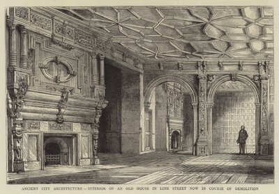 Antike Stadtarchitektur, Innenraum eines alten Hauses in der Lime Street, das jetzt abgerissen wird von Henry William Brewer
