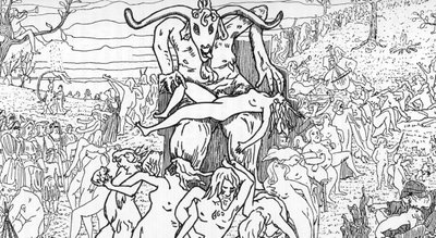 Darstellung einer Sabbatszene, die von Hexen unter dem Vorsitz von Satan versammelt wird und zu Orgien führt. Zeichnung von Henry de Malvost aus „Satanismus und Magie“ von Jules Bois 1895. Private Sammlung von Henry de Malvost