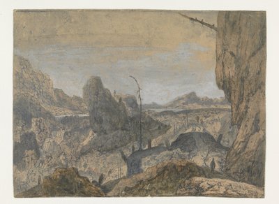 Felsige Landschaft mit einem nach rechts gehenden Mann (erste Version) von Hercules Segers