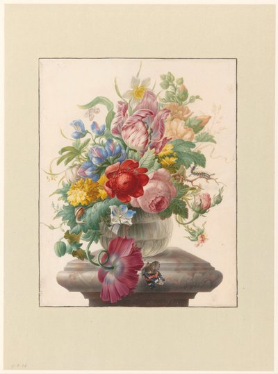 Blumen in einer Glasvase mit einem Schmetterling von Herman Henstenburgh